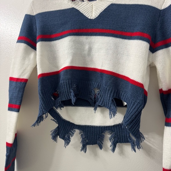 Striped Distressed Cropped Sweater | Size L - Picture 2 of 5
